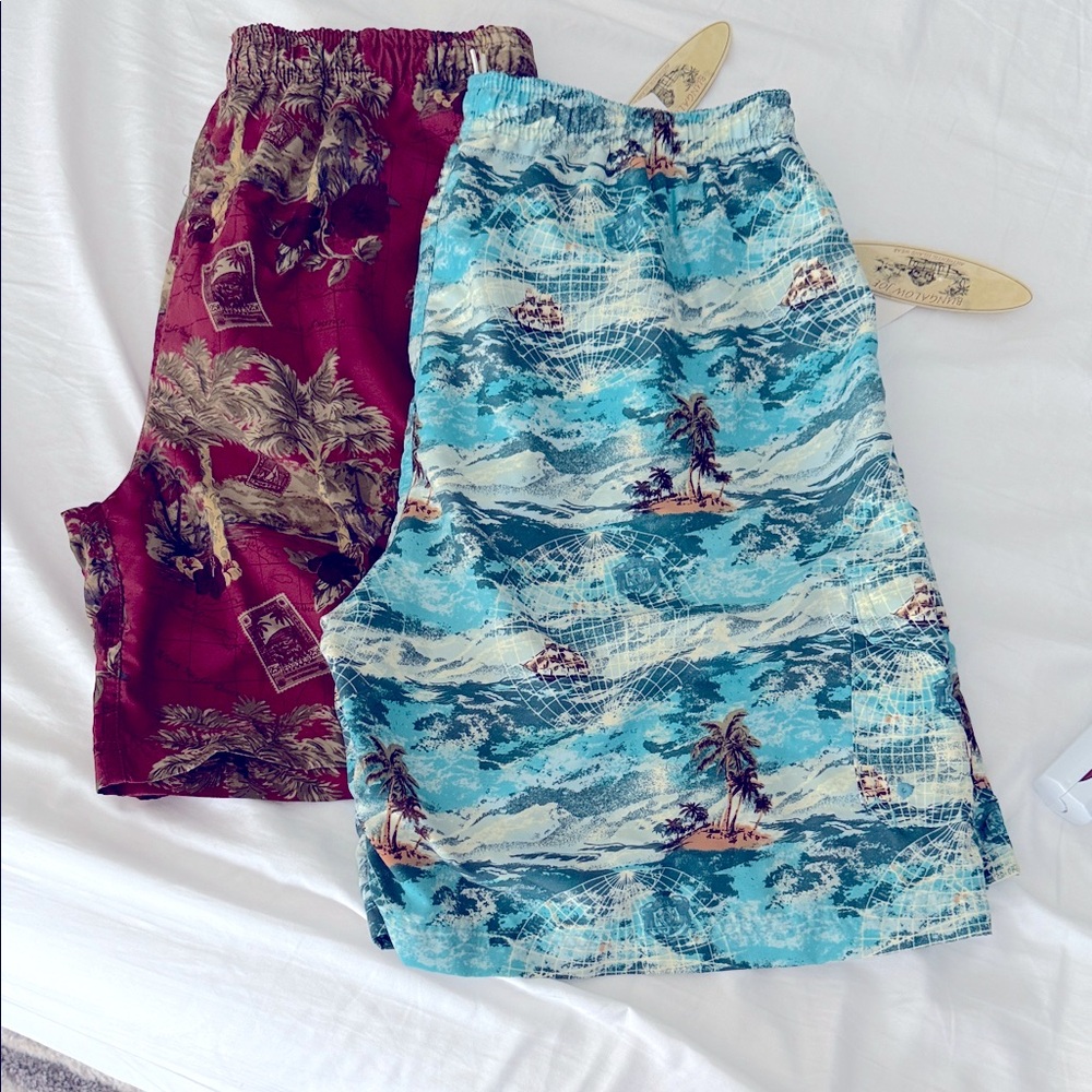 NWT Red and Aqua Tropical Print Swim Trunks